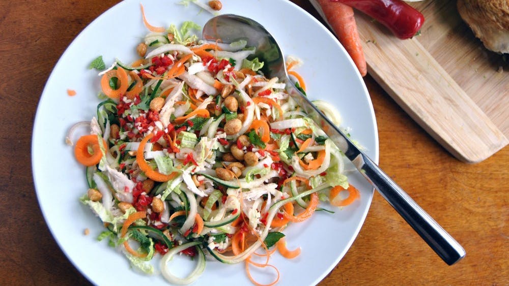 Pictured is a gluten-free chicken noodle salad.