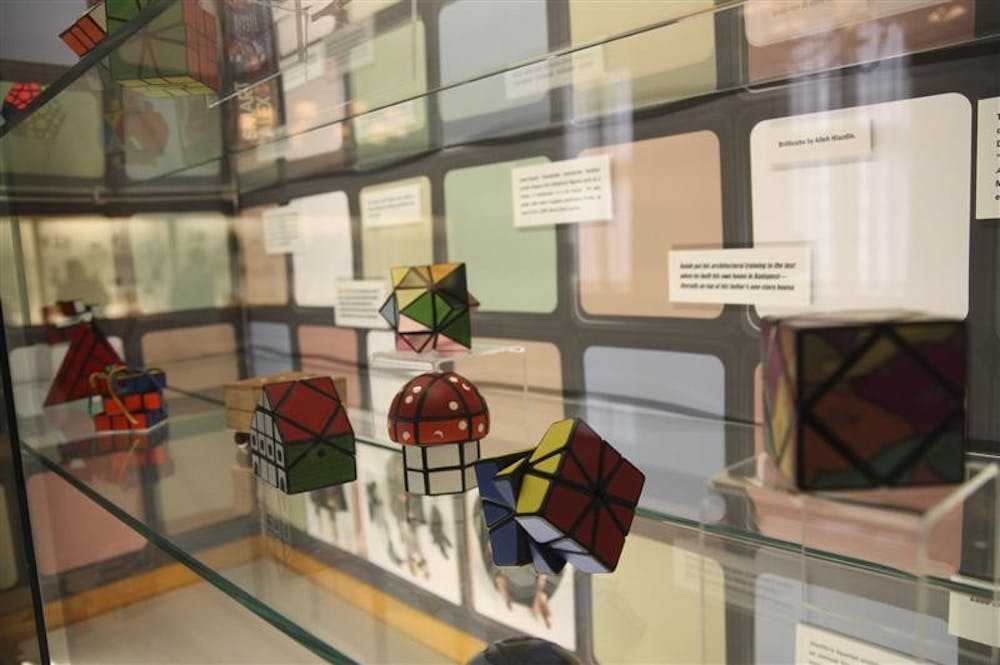 A special Rubik Cube exhibit in the Lilly Library displays a plethora of shapes and sizes of what they call the "best selling puzzle in history." The cube was originally designed by Erno Rubik and "was not so much of a puzzle invention as a design idea, an attempt to reconcile Grand Art and Applied Art," a placard read.