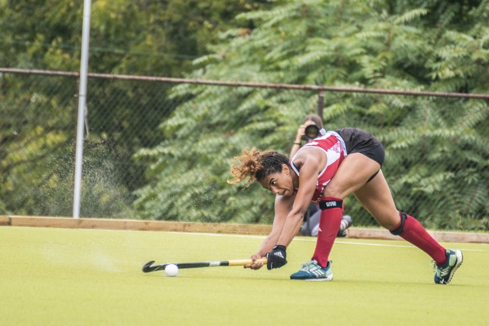 <p>Senior Andi Jackson passes the ball during IU’s win over Ball State University on Sept. 8 at the IU Field Hockey Complex. IU will take on Saint Louis University on Sept. 13 in Saint Louis.</p>