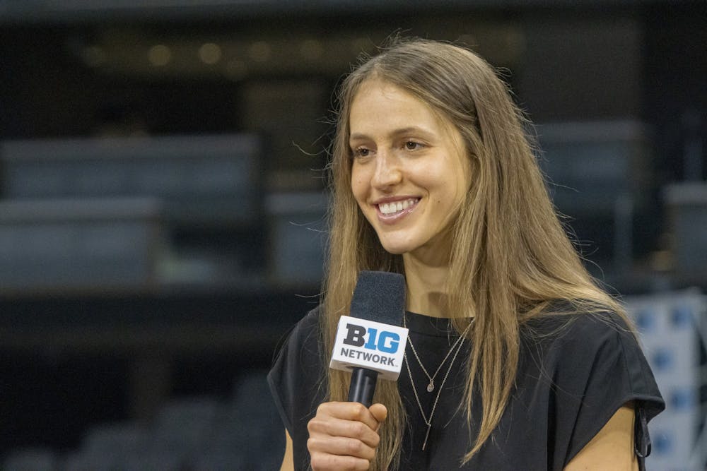 <p>Graduate student guard Ali Patberg smiles during her panel on Oct. 8, 2021, at the Big Ten Basketball Media Days at Gainbridge Fieldhouse in Indianapolis. Patberg made an appearance at the event and talked with reporters.</p>