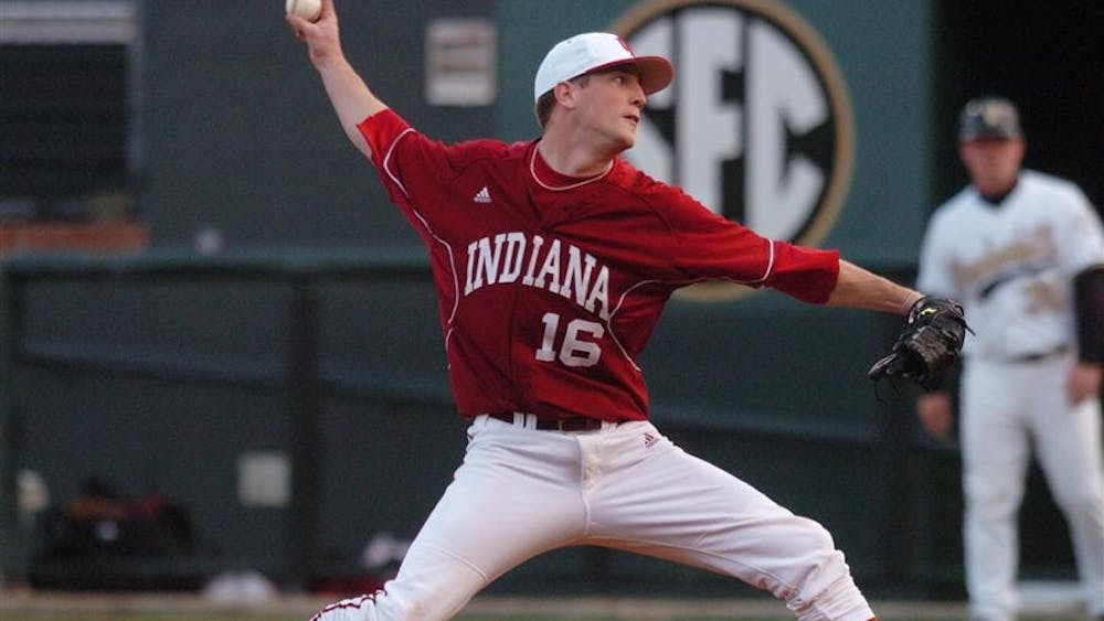 IU sophomore pitcher Matt Ernest pitches against Vanderbilt on Sunday at the Music City Classic in Nashville.  Despite three scoreless innings from Ernest, the Hoosiers fell 6-5 to the Commodores in extra innings. 