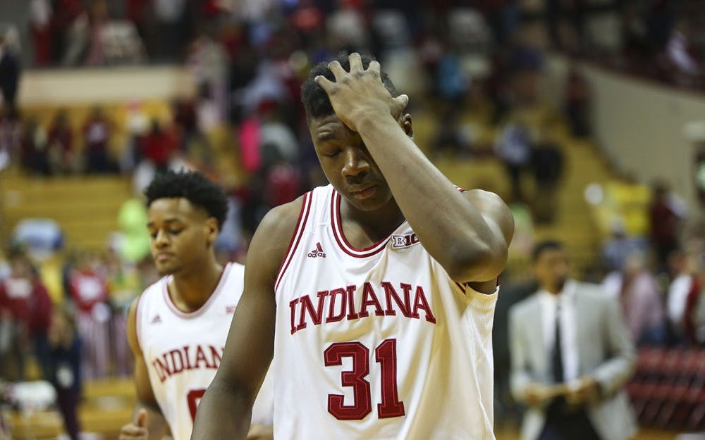 Sophomore center Thomas Bryant walks off the court after the Hoosiers fell to the Michigan Wolverines 75 - 63. 