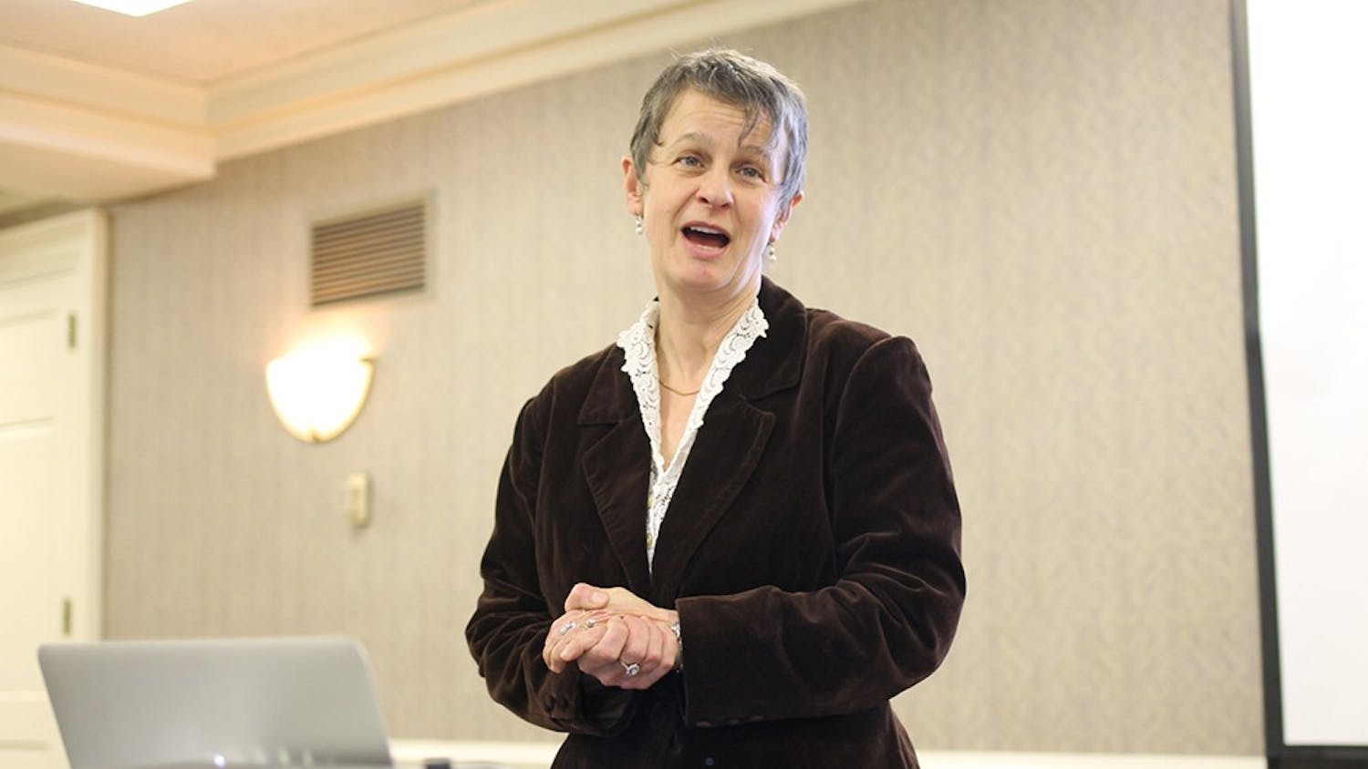 Dr. Katalin Fábián speaks during a lecture titled "Discipling the 'Second World'" on Tuesday in the Indiana Memorial Union.