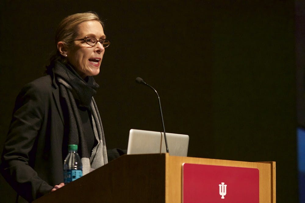 Documentary filmmaker Carolyn Jones speaks after a showing of her film "The American Nurse" on Tuesday evening at the Buskirk-Chumley Theater. 
