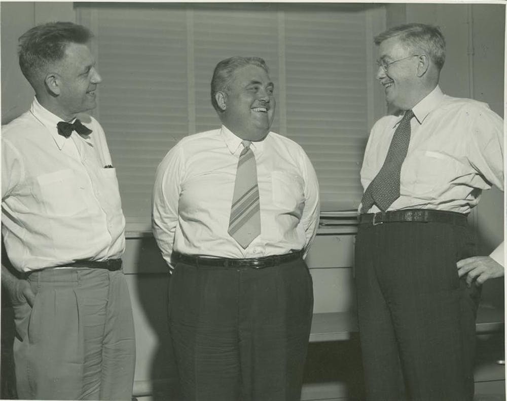 Researcher Alfred Kinsey, then-president Herman B Wells and George Corner, from the Carnegie Institute, meet in August 1951. Wells was a strong supporter of Kinsey's controversial research on sexual behavior, and took steps to protect his academic freedom. 