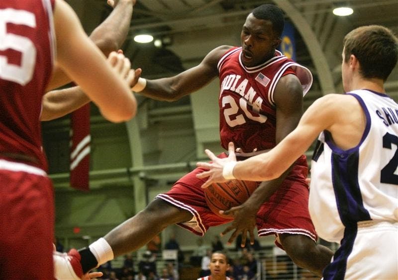 Freshman guard Nick Williams gathers the ball in the first half of IU's 77-75 loss to Northwestern Wednedsay night in Evanston, Ill. The Hoosiers face Ohio State at home 4 p.m. on Saturday in Assembly Hall.