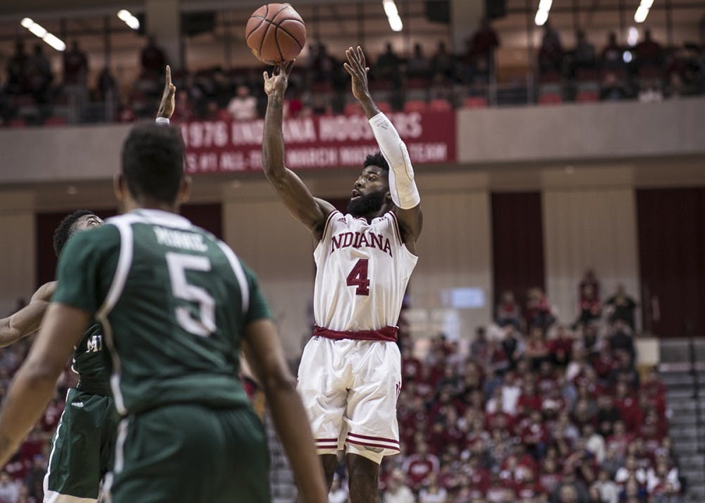 Senior guard Robert Johnson shoots the ball during the Hoosiers' game against the Eastern Michigan Eagles on Nov. 24 at Simon Skjodt Assembly Hall. Johnson and the Hoosiers play No. 1 Duke Wednesday night at 9:30 p.m.