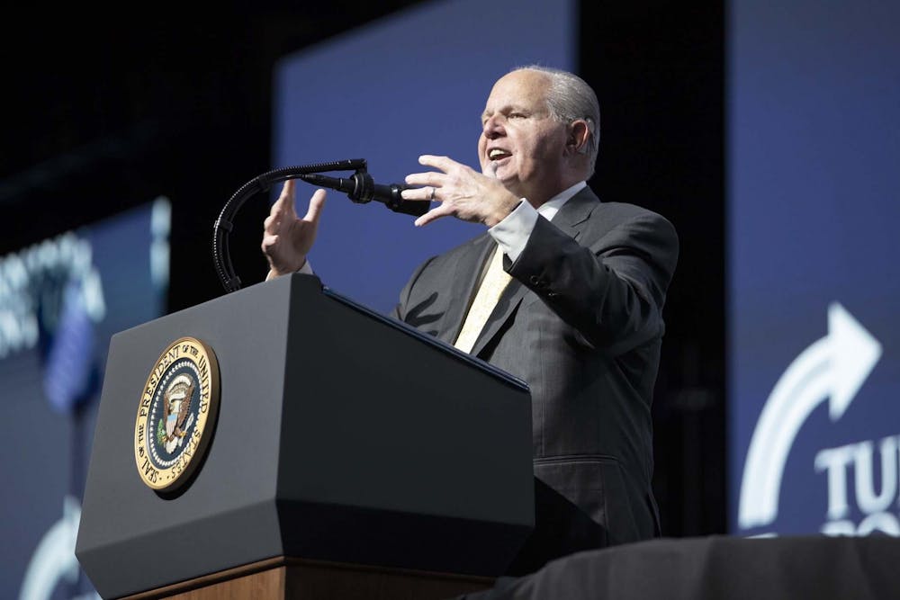<p>Conservative talk show host Rush Limbaugh introduces President Donald Trump at Turning Point USA Student Action Summit Dec. 21, 2019, at the Palm Beach County Convention Center in West Palm Beach, Florida.</p>
