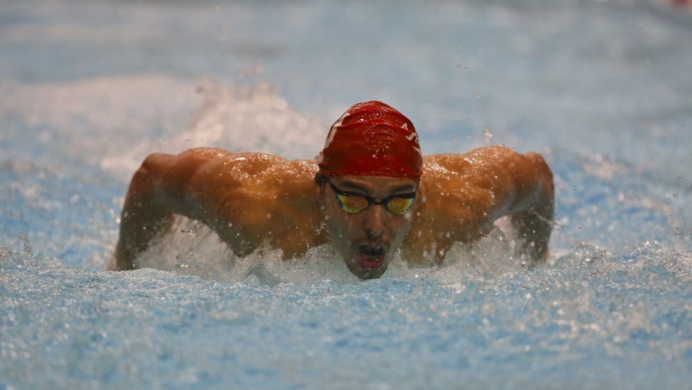 Then-sophomore Vini Lanza, now a junior, competes in the men's 200-yard butterfly heat during IU's meet against Louisville on Jan. 27, 2017. The men's team will compete in the NCAA Championships March 21-24 in Minneapolis.&nbsp;