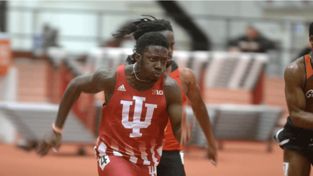 Redshirt freshman Rikkoi Brathwaite starts from the blocks in the 60-meter dash Feb. 8 at the Hoosier Hills Invitational at Gladstein Fieldhouse. IU will compete in the Cardinal Classic in Stanford, California. 