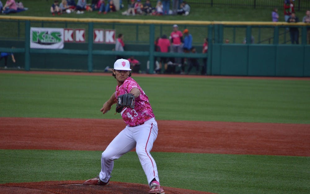 Senior Luke Stephenson pitching in the second inning for IU on Wednesday evening against Indiana State. The Hoosiers fell to the Sycamores, 7-3, to end the Hoosiers' winning streak.&nbsp;