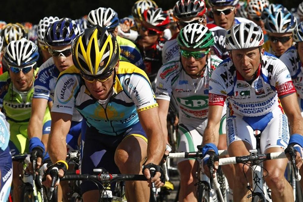 In this Saturday, March 21, 2009 file photo Lance Armstrong, of the United States, pedals with the pack during the Milan-San Remo cycling classic, Italy. Lance Armstrong was taken to a hospital Monday March 23, 2009 after falling during the first stage of the five-day Vuelta of Castilla and Leon race. Armstrong fell in a rider pile-up about 20 kilometers (12.5 miles) from the stage's finish.