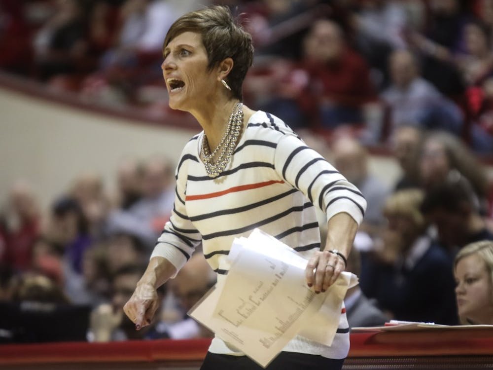 IU women’s basketball coach Teri Moren screams instructions at her team Jan. 16 in the first half of its game against Northwestern at Simon Skjodt Assembly Hall.&nbsp;