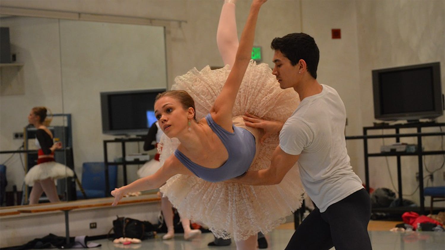 Cara Hansvick and her partner, Andrew Copeland, rehearse for IU Opera & Ballet Theater's "The Nutcracker" ballet. The opening performance of "The Nutcracker" will be at 7:30 p.m. Dec. 3 in the Musical Arts Center.