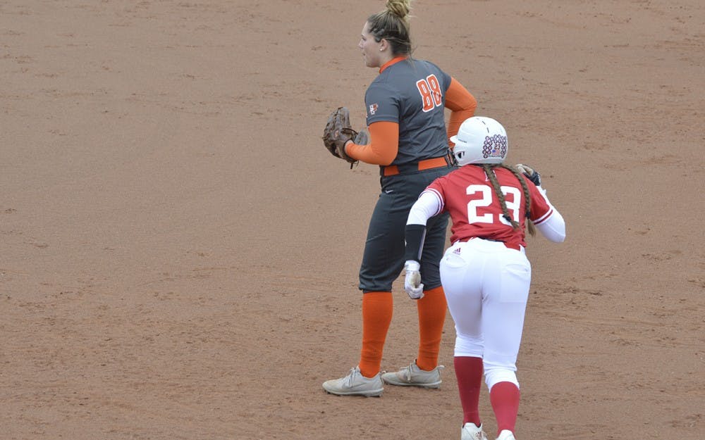 Freshman utility player&nbsp;Gabbi Jenkins leads off first base during IU's game against Bowling Green on Saturday, March 18. IU beat Bowling Green, 11-3, during its first game of the Hoosier Classic.&nbsp;