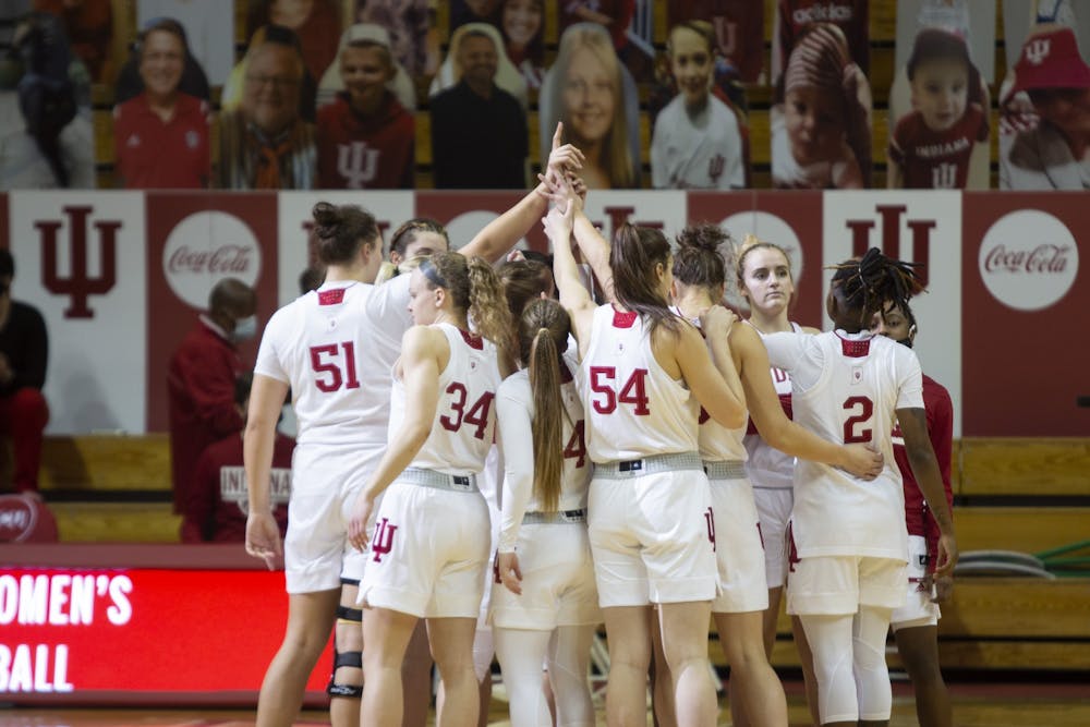 <p>The IU women&#x27;s basketball team huddles before a game against Purdue on March 6, 2021. Indiana will face Minnesota at 7 p.m. Feb. 3, 2022, at Simon Skjodt Assembly Hall.</p>