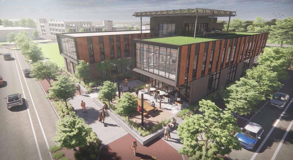 艺术家贸易区技术中心渲染的图片。Bloomington将在2024年开放的新技术中心构建，部分由美国商务部资助。