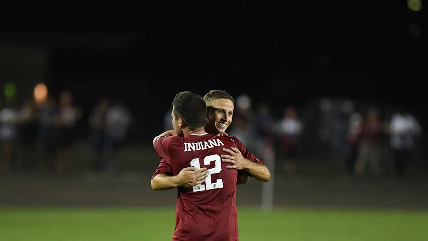 Then-junior midfielder Austin Panchot celebrates with teammate Rece Buckmaster after scoring a goal against Notre Dame on Sept. 26, 2017, at Bill Armstrong Stadium. IU will host the Adidas/IU Credit Union Classic this weekend. 