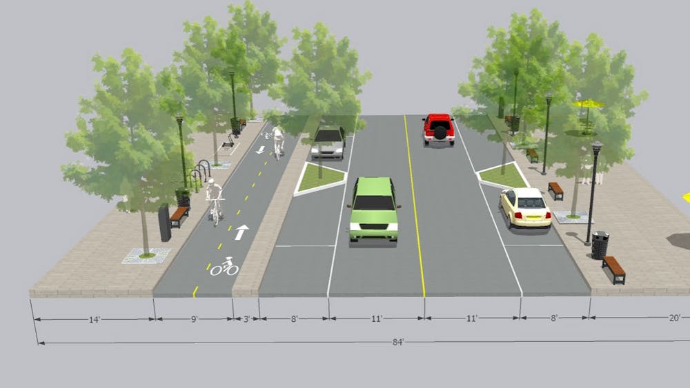 A ﻿redesign concept Walnut Street included in a City of Bloomington presentation June 15 is seen. The City of Bloomington’s Planning and Transportation Department launched a corridor study of College Avenue and Walnut Street aiming to improve the two roads.