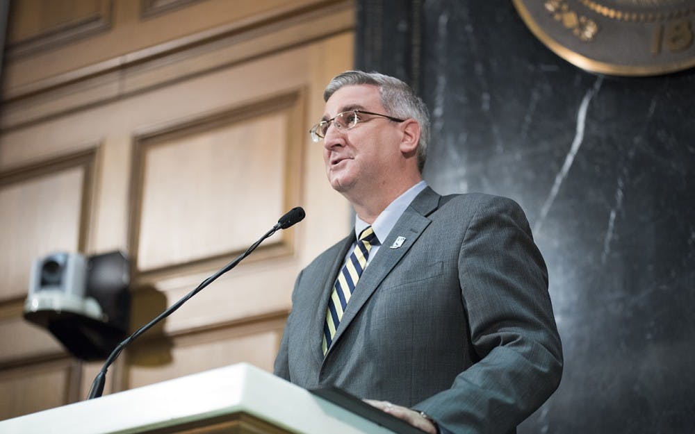 Governer Holcomb talks to the state legislators and other invited guests at his first State of the State address Tuesday night at the Indiana Statehouse. He speaks about his five pillars of improvement for Indiana, which includes making new roads and raising the budget for Pre-K schooling.