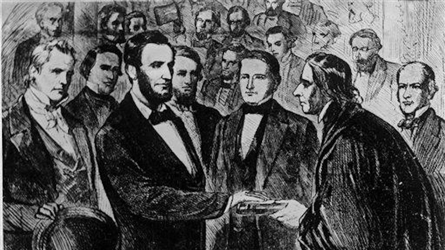 This photograph of a painting shows the second inauguration of Abraham Lincoln as he takes the oath of office as the 16th president of the United States in front of the U.S. Capitol in Washington March 4, 1865.