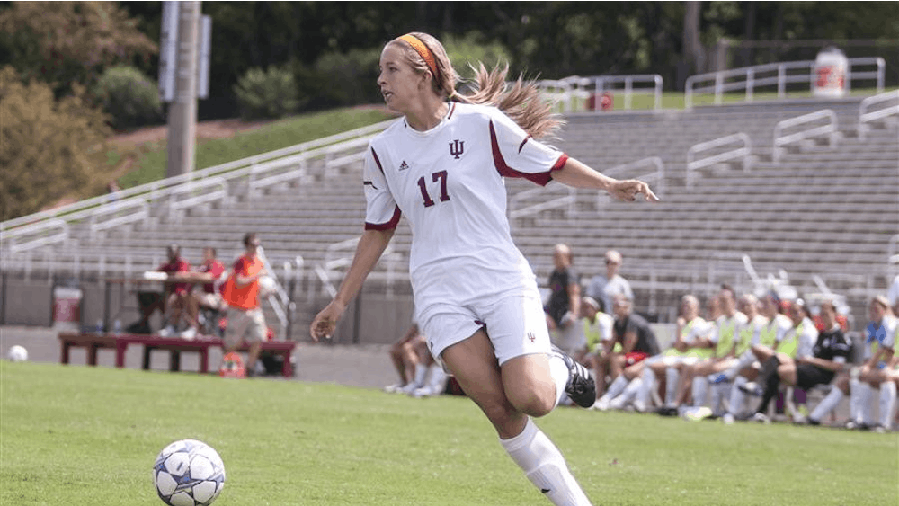 Sophomore midfielder Jordan Woolums races down field during women's soccer action against Missouri State on Sunday at Bill Armstrong Stadium. The Hoosiers won 4-1.