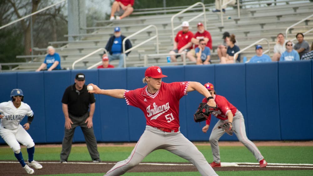 Freshman pitcher Brayden Risedorph throws a pitch April 4, 2023, at Bob Warn Field in Terre Haute, Indiana. Indiana fell to Indiana State 4-0 Tuesday night.