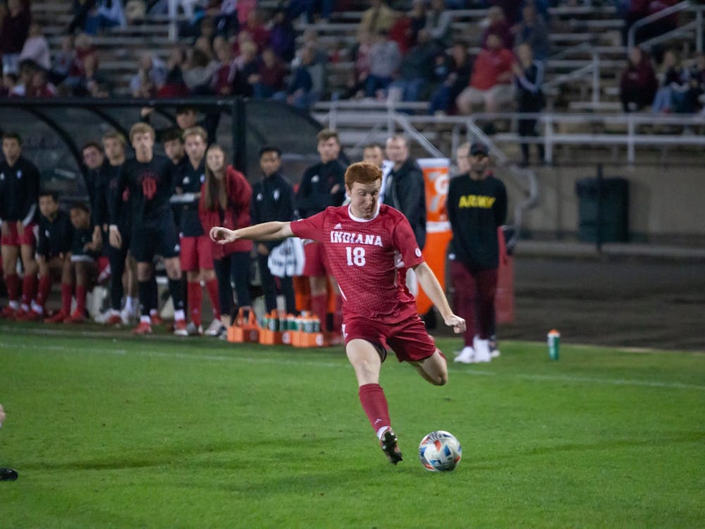 Junior forward Ryan Wittenbrink winds up for a shot on goal Oct. 20, 2021, in Bill Armstrong Stadium. Wittenbrink had two shots on goal and one goal against Evansville.