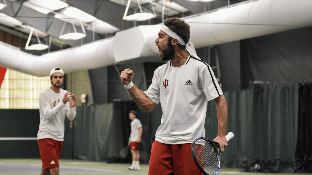 Then junior Antonio Cembellin, now a senior, celebrates after winning a point during his 1-6, 6-3, 4-6 loss to Wisconsin on April 8, 2018, at the IU Tennis Center.&nbsp;