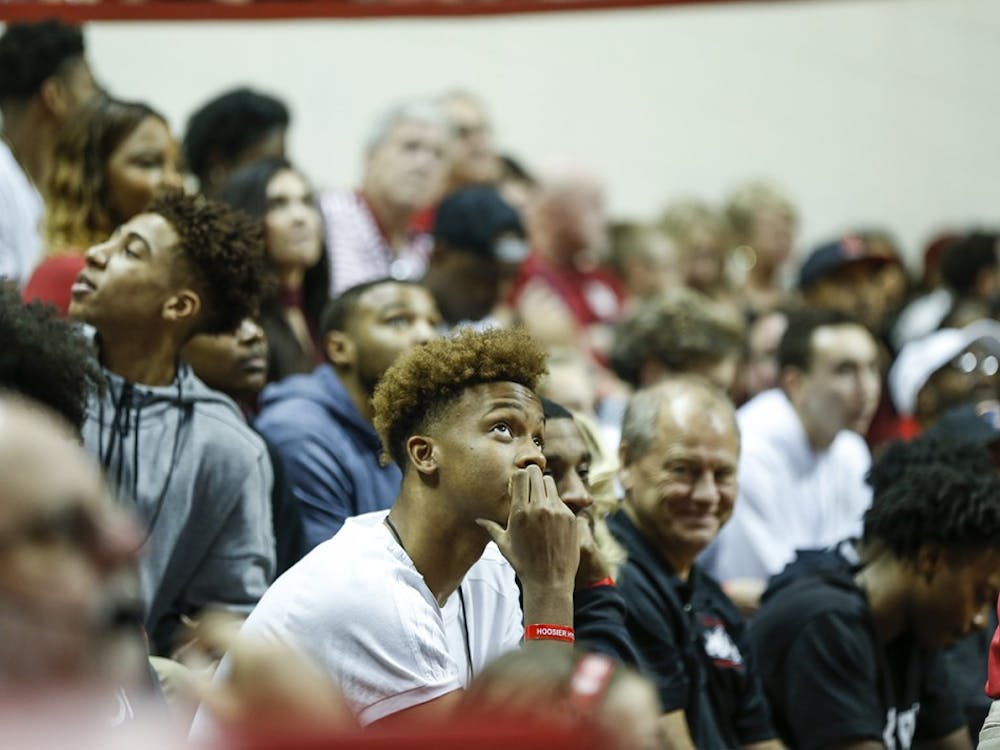 New Albany High School senior Romeo Langford watches the video board at Simon Skjodt Assembly Hall during Hoosier Hysteria on Saturday. Langford announced he would attend IU to play college basketball Monday night at New Albany High School in New Albany, Indiana.