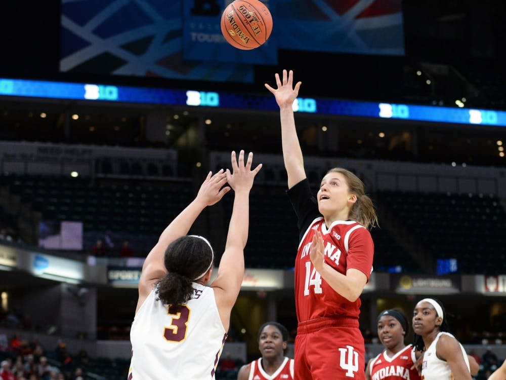 Junior guard Ali Patberg shoots the ball during IU&#x27;s second round Big Ten Tournament game against Minnesota on March 7 in Banker&#x27;s Life Fieldhouse. Patberg was named to the preseason all-Big Ten team and the Nancy Lieberman preseason award watchlist.
