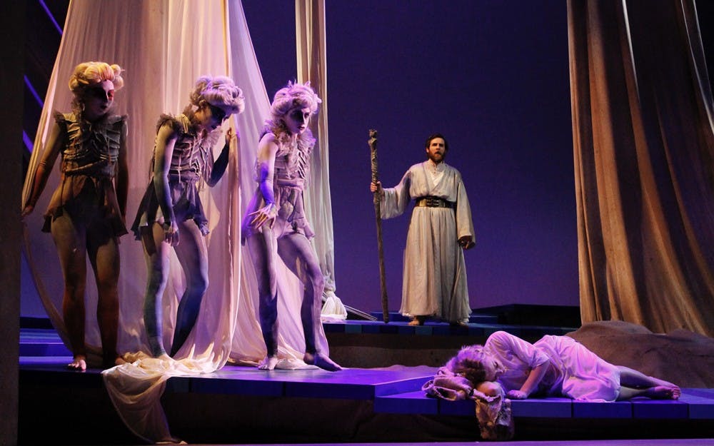 Matthew Murry plays Prospero and Erin Logan plays Miranda with Courtney Relyea-Spivack, Emily Rozman and Athena Kopulos acting as Ariels in IU Theatre's production of "The Tempest." The play will run&nbsp;Feb. 24, 25 and 28 through March 4 in the Ruth N. Halls Theatre.