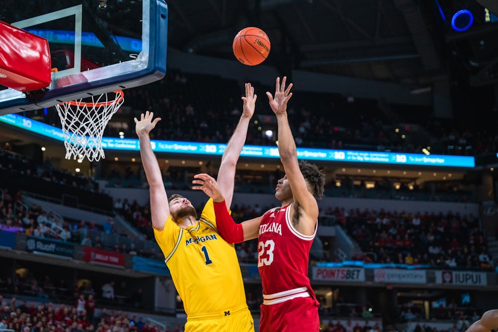 <p>Sophomore forward Trayce Jackson-Davis shoots over Michigan&#x27;s Hunter Dickinson March 10, 2022, at Gainbridge Fieldhouse in Indianapolis, Indiana. Indiana’s comeback was largely led by junior forward Trayce Jackson-Davis, who scored 19 points in the second half.</p>