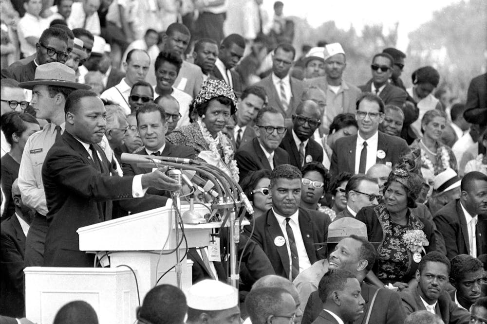 <p>Martin Luther King Jr. speaks to thousands during his &quot;I Have a Dream&quot; speech Aug. 28, 1963, in front of the Lincoln Memorial for the March on Washington for Jobs and Freedom in Washington. </p>