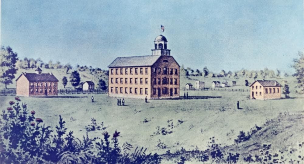 <p>Three of the five buildings on IU&#x27;s first campus were photo printed around 1850. The Seminary Building was the campus&#x27; first classroom building, and it was built in 1825.</p>