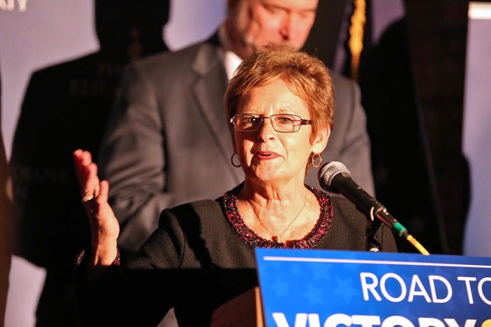 Indiana Secretary of State Connie Lawson gives her victory speech at the Indiana Republican watch party in downtown Indianapolis Tuesday evening.