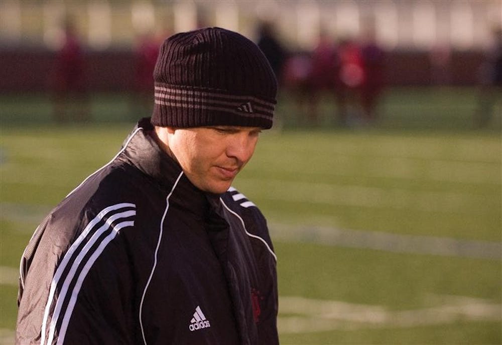 IU assistant coach Todd Yeagley scans the sidelines shortly before halftime of IU's 4-2 win against Butler late Tuesday afternoon.  Todd played on the IU men's team from 1991-1994 under his father, legendary coach Jerry Yeagley.