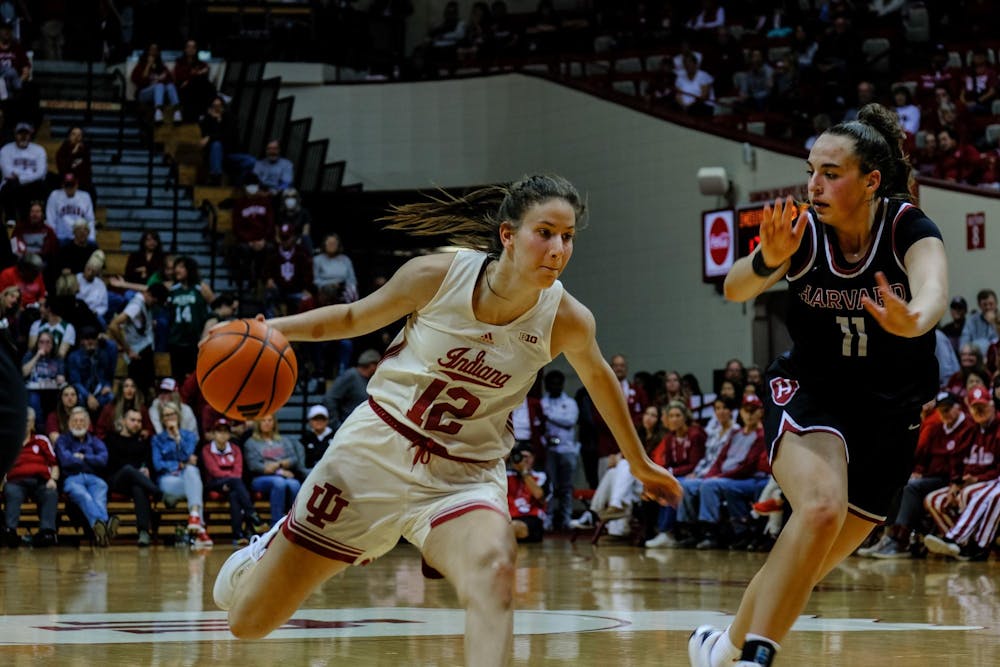 Junior Yarden Garzon runs down the court with the ball in their game versus Harvard Nov. 7, 2024 at Assembly Hall in Bloomington. Garzon has played for IU since her freshman year with the position guard. 