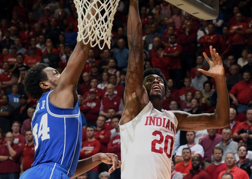 Sophomore forward De'Ron Davis goes to the basket against Duke on Wednesday evening in Simon Skjodt Assembly Hall. Davis had 16 points and five rebounds in IU's 91-81 loss.