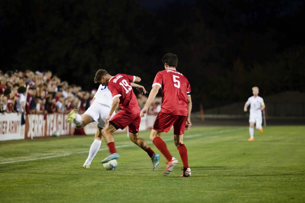 <p>(Left to right) Senior defenders Brett Bebej and Daniel Munie take the ball from the Kentucky player at BIll Armstrong stadium. Indiana advanced to the Big Ten Tournament semifinals for a rematch with Maryland.</p>