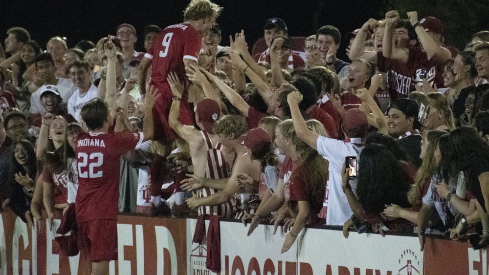 Junior forward Sam Sarver celebrates a goal with the fans at Bill Armstrong Stadium in Bloomington September 4, 2023 against Seton Hall. Sarver scored his first goal of the season against the Pirates.