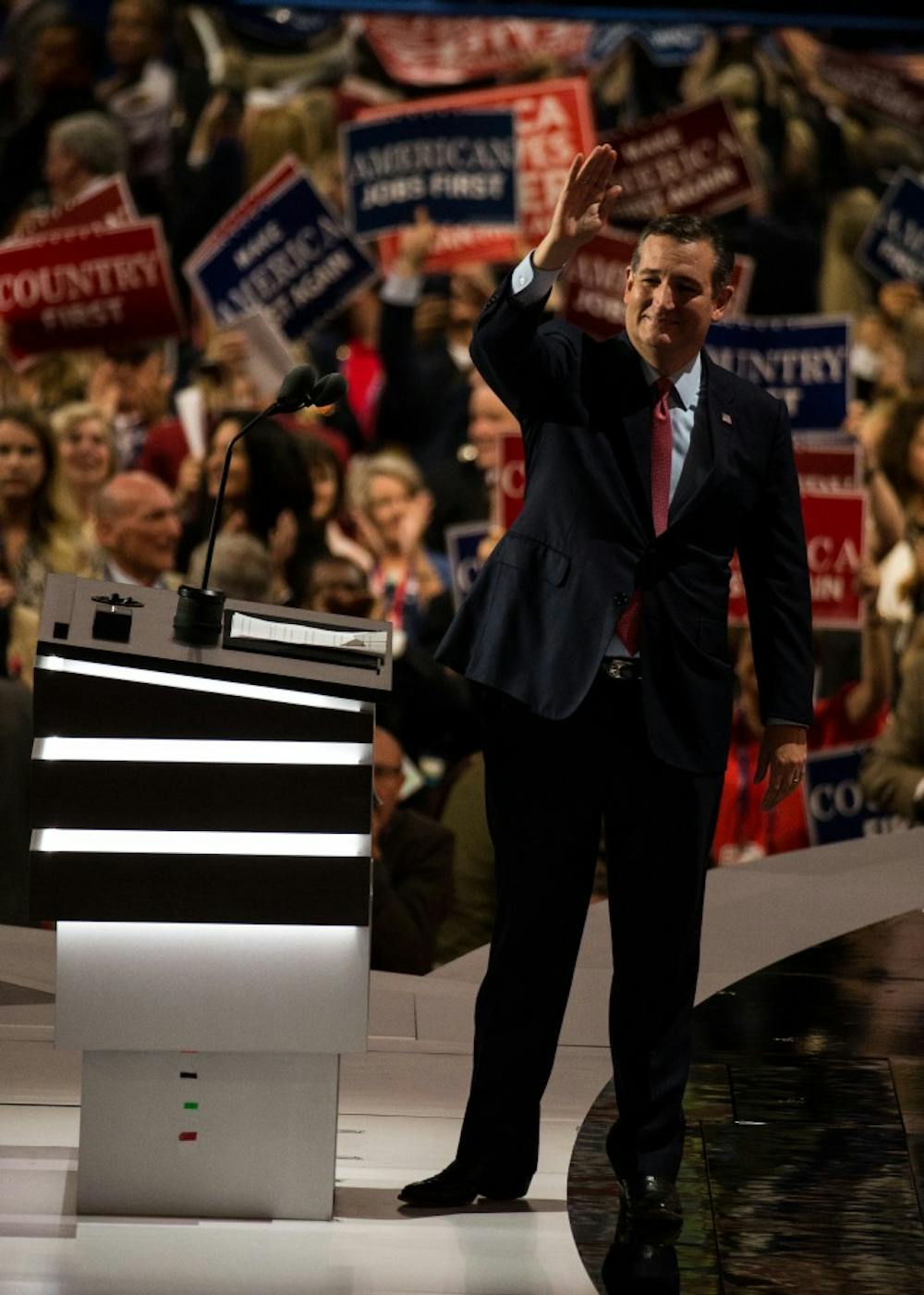 Senator Ted Cruz waves to the audience at the Republican National Convention on Wednesday night in Cleveland, Ohio. Cruz was one of many speakers for the night.