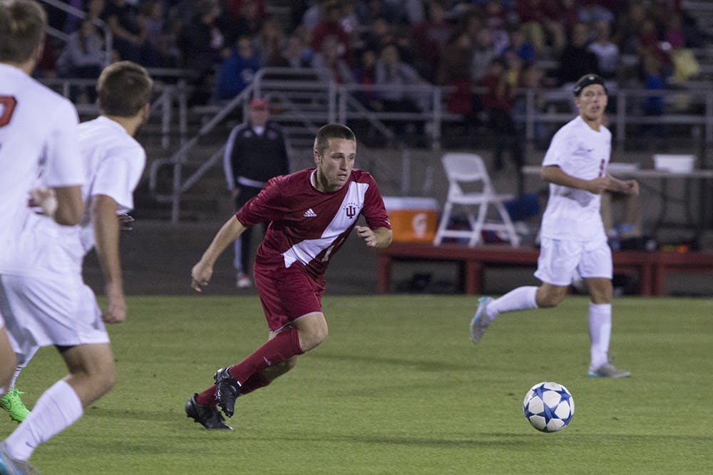 Junior midfielder Tanner Thompson moves to get a loose ball during the first half of the game against Ohio state on Oct. 10 at Bill Armstrong Stadium. The Hoosiers lost 1-0 in overtime.