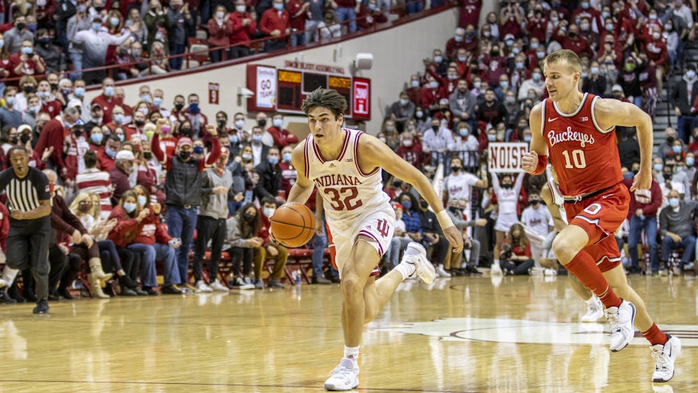 Sophomore guard Trey Galloway runs on a fastbreak during the win against Ohio State on Jan. 6, 2021, at Simon Skjodt Assembly Hall. Galloway had a team-high 4 assists in his return to the basketball court after suffering an early season injury.