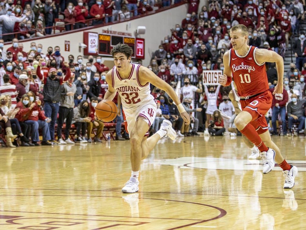 Sophomore guard Trey Galloway runs on a fastbreak during the win against Ohio State on Jan. 6, 2021, at Simon Skjodt Assembly Hall. Galloway had a team-high 4 assists in his return to the basketball court after suffering an early season injury.