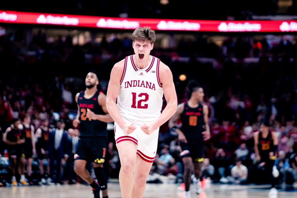 <p>Graduate senior forward Miller Kopp celebrates after the game on March 10, 2023, at the United Center in Chicago. Indiana takes on Kent State on Friday.</p>