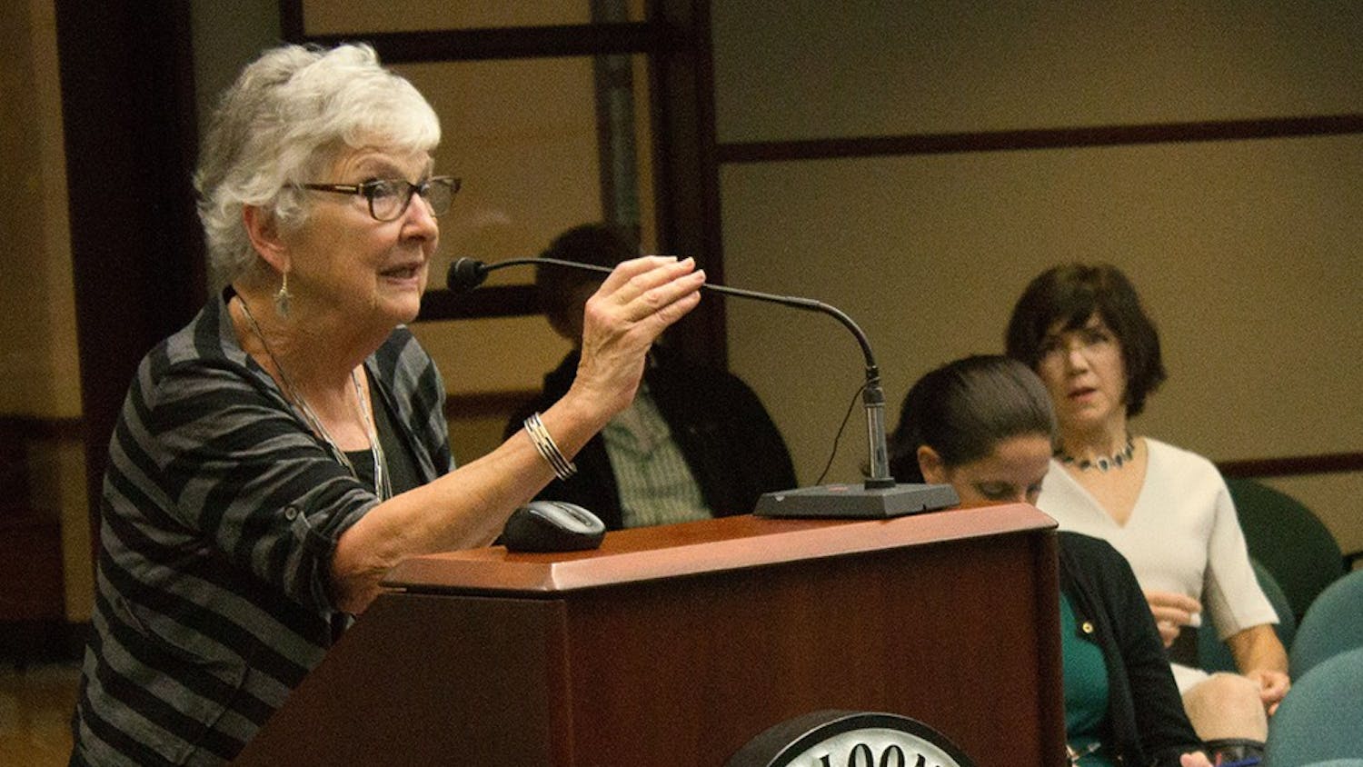 Charlotte Zietlow, the founder of the Bloomington Commission on the Status of Women, speaks on their 40th anniversary Wednesday at Bloomington City Hall. Zietlow called for continued equality and improvement in economic development in Bloomington.