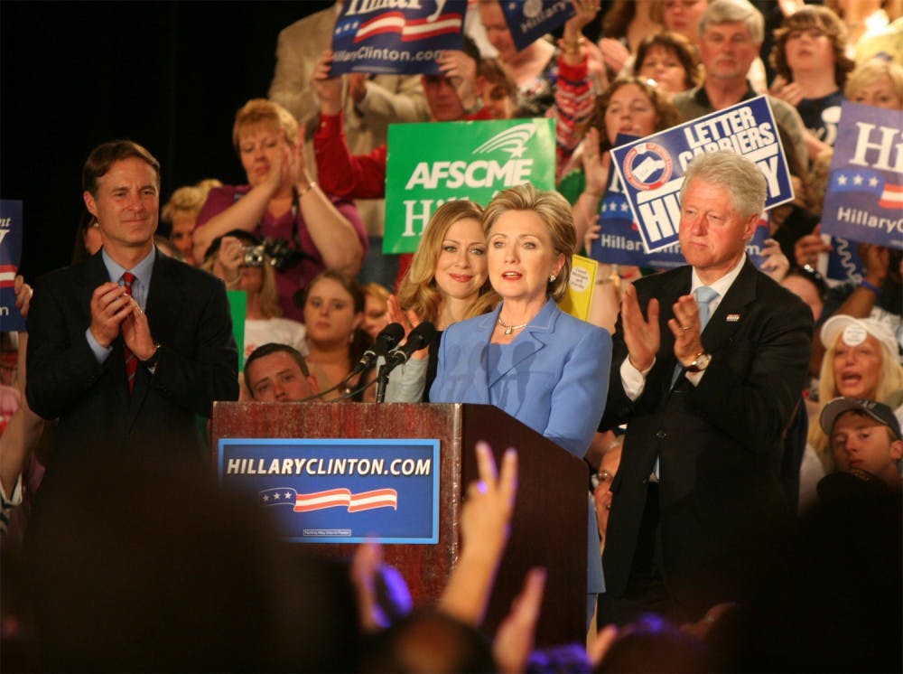 Democratic presidential hopeful Sen. Hillary Clinton speaks in Indianapolis Tuesday, flanked by Sen. Evan Bayh (left), Chelsea Clinton (middle left) and former President Bill Clinton (right). Hillary Clinton narrowly beat out Barack Obama in the Indiana primary.