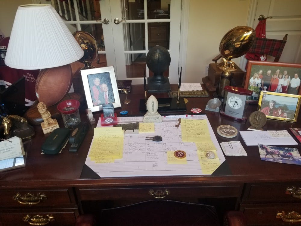 Bill Mallory's desk features Post-It notes full of names of former players and coaches he planned on contacting. Mallory was the head football Coach at IU from 1984-1996.&nbsp;