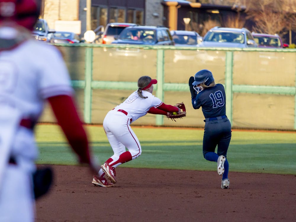 Freshman Taryn Kern attempts to tag out a runner March 28, 2023, at Andy Mohr Field. Kern is the only Big Ten athlete on the list of 10 finalists for the TUCCI/NFCA Division I National Freshman of the Year. 